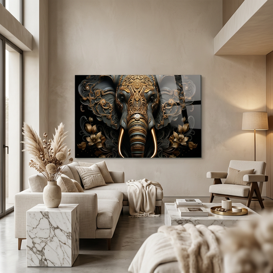 Éléphant Or et Marron Tableau en Verre Trempé