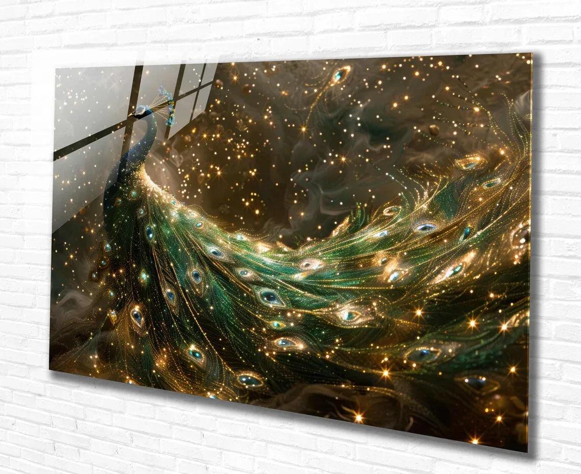 Gold & Green Peacock Glass Wall Art - LUXARTDECO