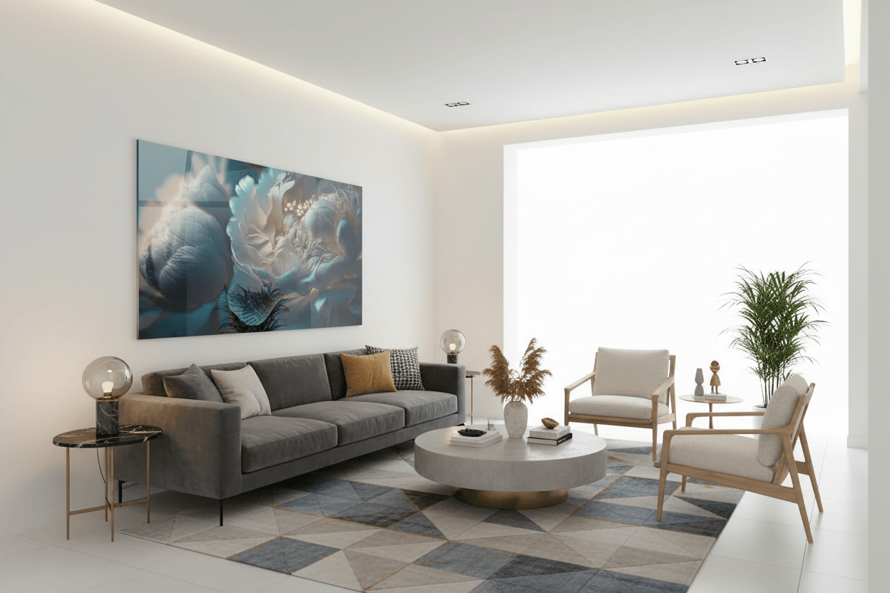 Bleu Peony Tableau en Verre Trempé