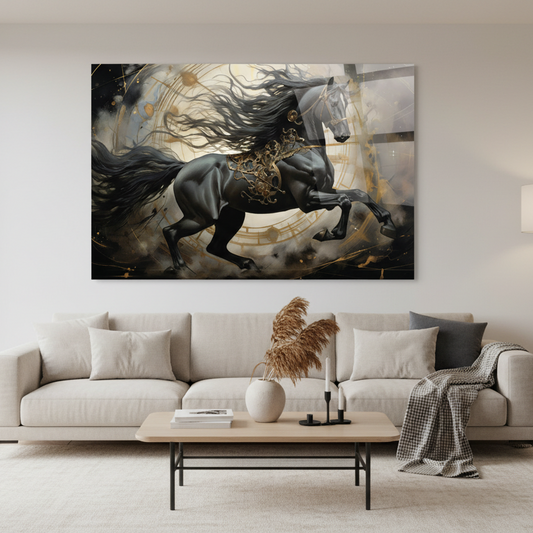Cheval Noir Tableau en Verre Trempé