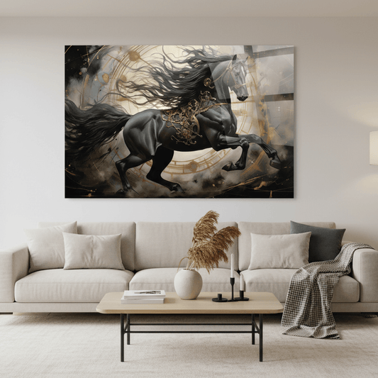 Cheval Noir Tableau en Verre Trempé