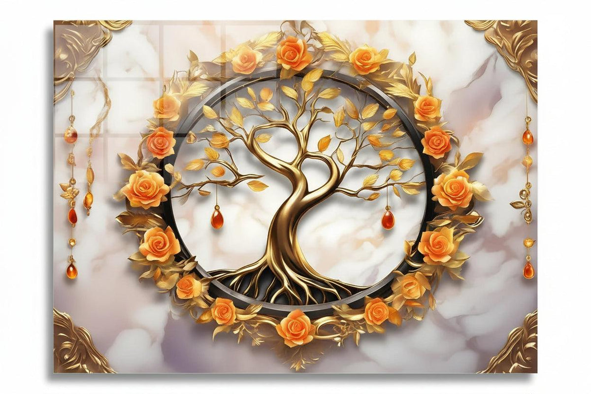 Tree and Roses Glass Wall Art - LUXARTDECO