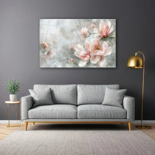 Pink Magnolia Glass Wall Art - LUXARTDECO