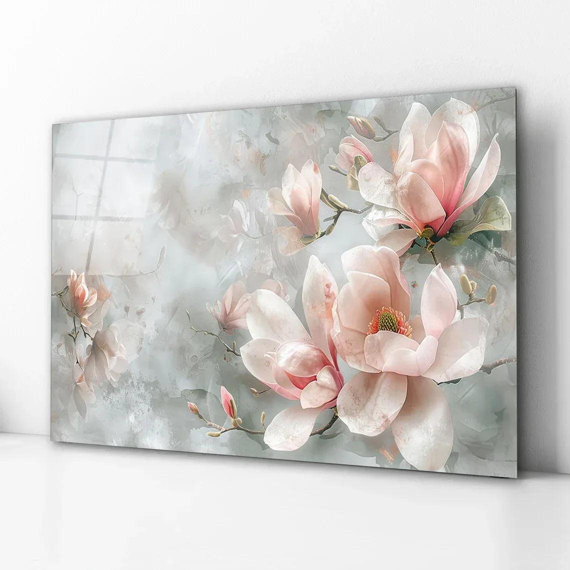 Pink Magnolia Glass Wall Art - LUXARTDECO