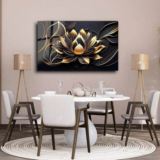 Black Gold Lotus Glass Wall Art - LUXARTDECO