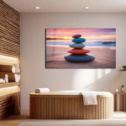 Zen Stones Sunset Beach Glass Wall Art - LUXARTDECO