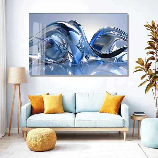 Blue Silver Lines Glass Wall Art - LUXARTDECO