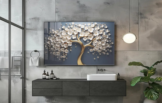 White Blossom Tree Glass Wall Art - LUXARTDECO