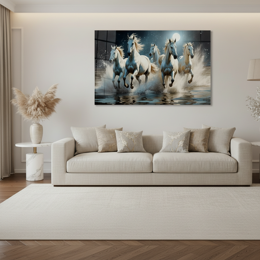 Chevaux Blancs Tableau en Verre Trempé