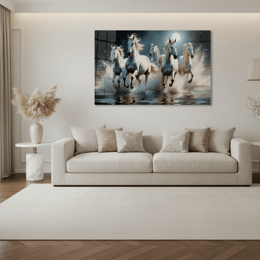 Chevaux Blancs Tableau en Verre Trempé