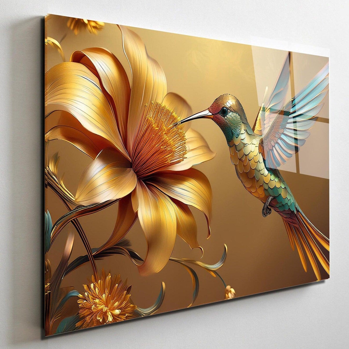 Colibrì Dorato Quadro in Vetro Temperato