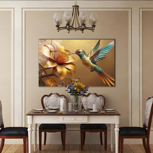 Colibri Doré Tableau en Verre Trempé