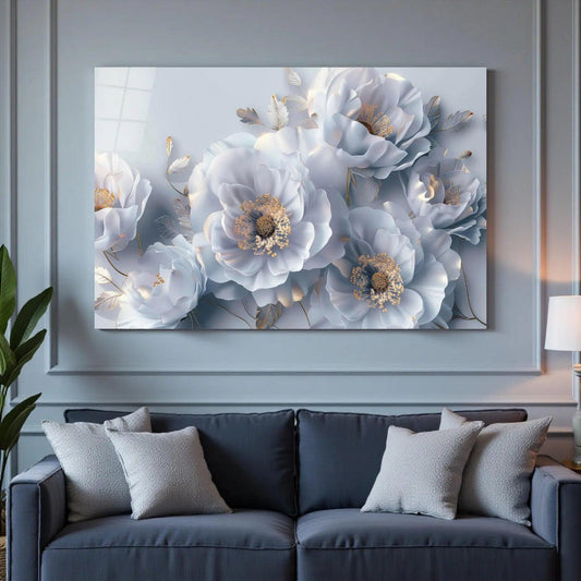 3D White Flowers Glass Wall Art