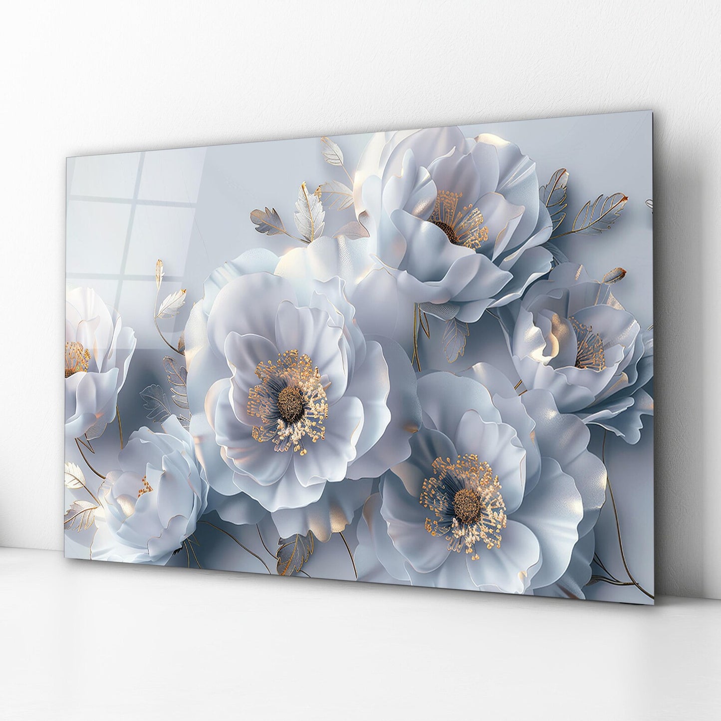 3D White Flowers Glass Wall Art