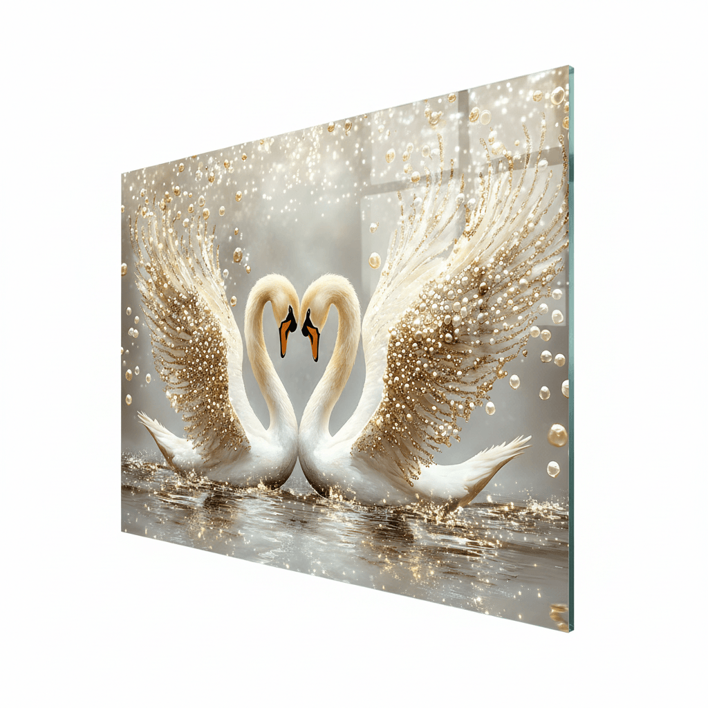 Two Swans with Pearls Glass Wall Art