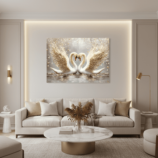 Deux Cygnes avec des Perles Tableau en Verre Trempé