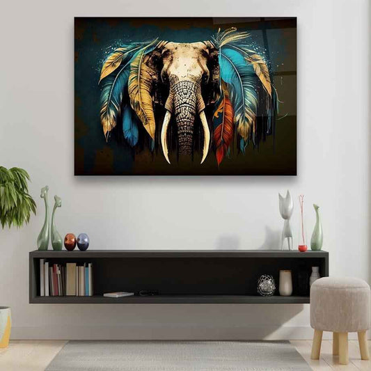 Feathered Elephant Glass Wall Art