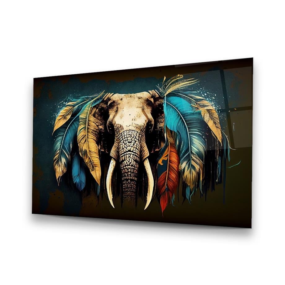Feathered Elephant Glass Wall Art