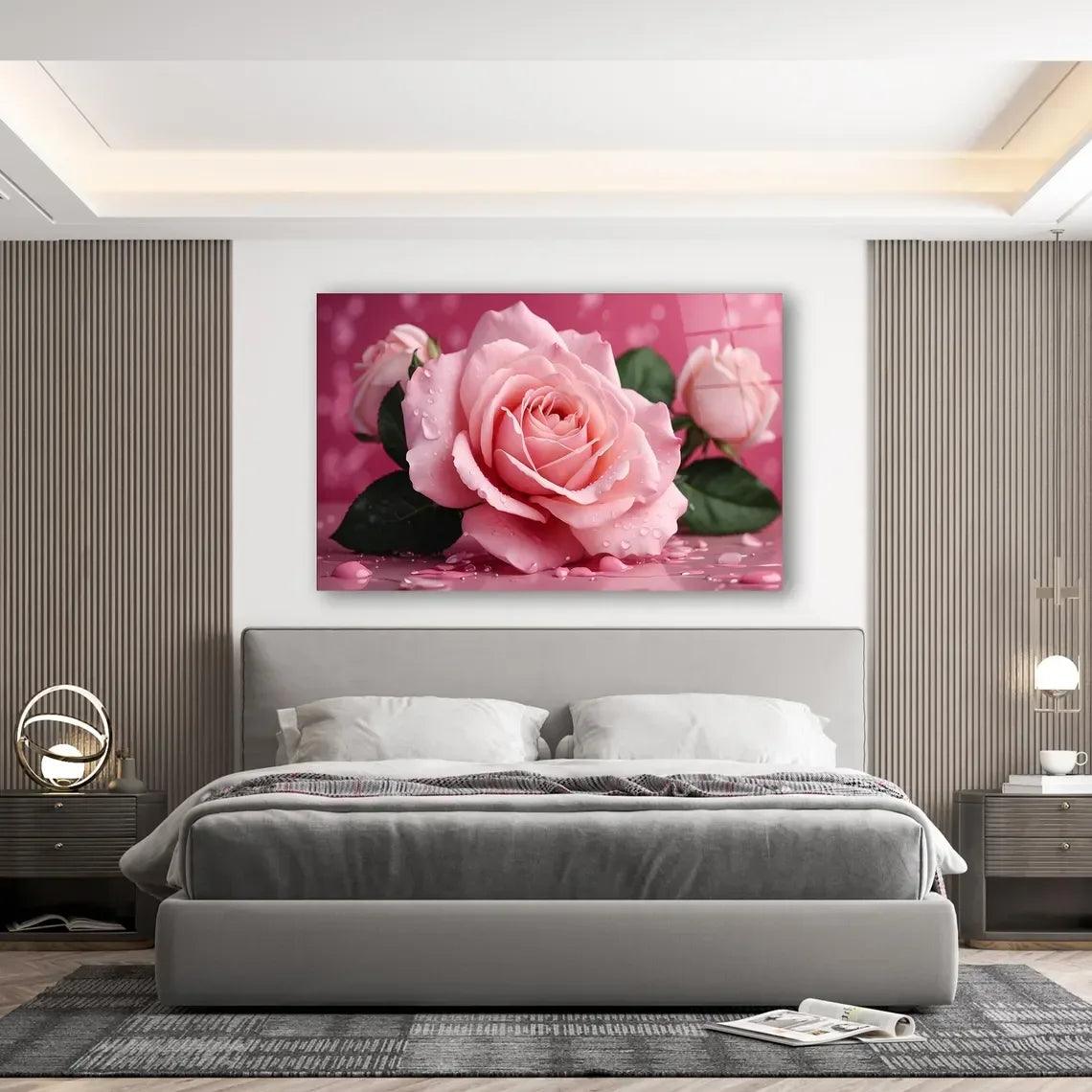 Pink Rose Glass Wall Art - LUXARTDECO