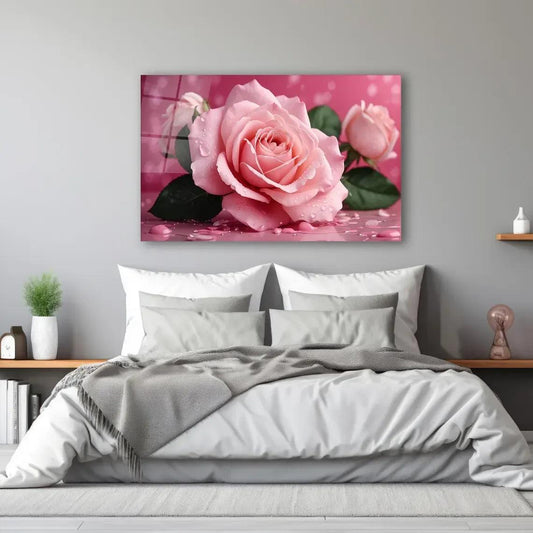 Pink Rose Glass Wall Art - LUXARTDECO