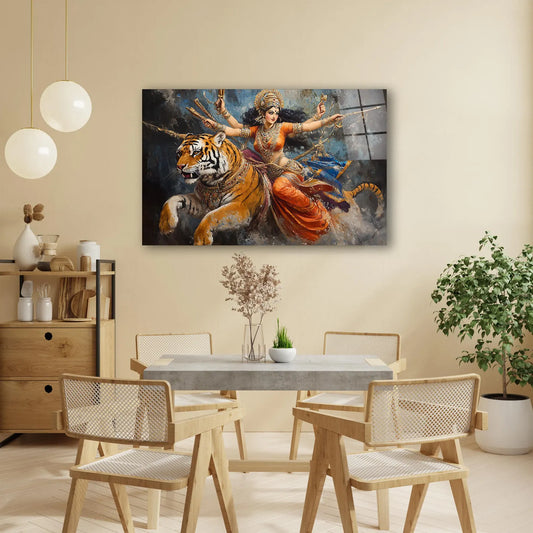 Goddess Durga and Tiger Glass Wall Art