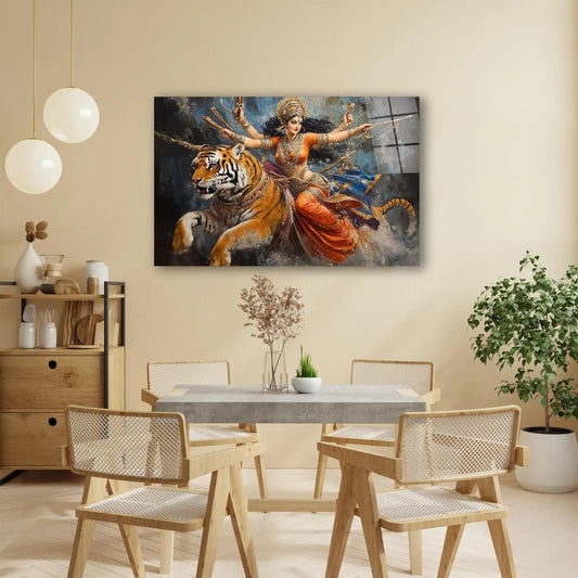La Déesse Durga et le Tigre Tableau en Verre Trempé
