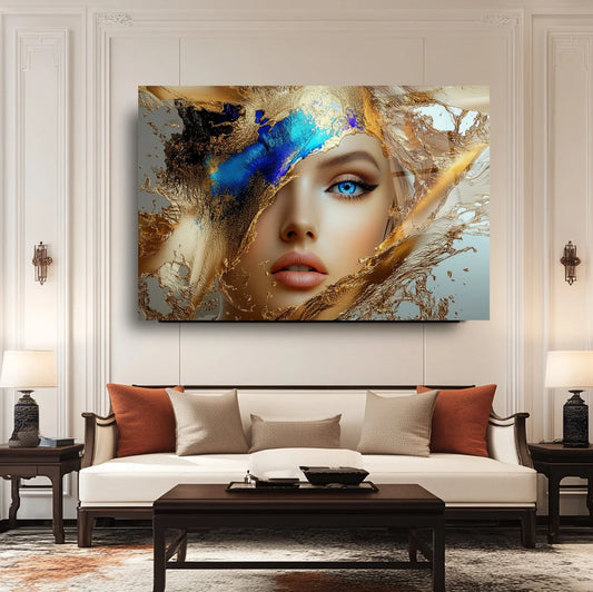 Blue and Gold Woman Glass Wall Art