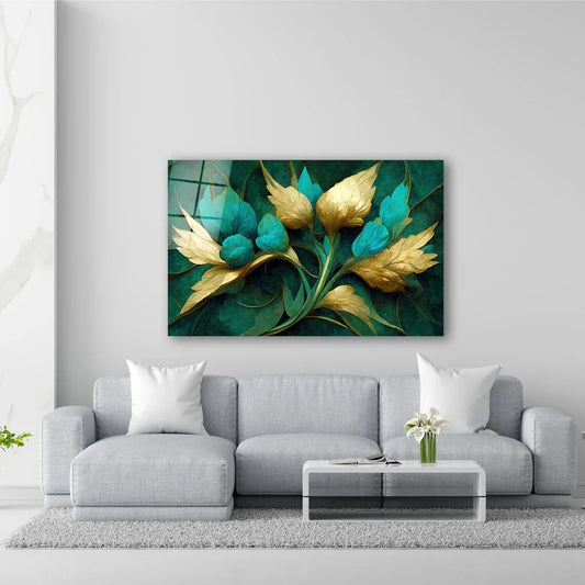 Turquoise Flowers Glass Wall Art - LUXARTDECO