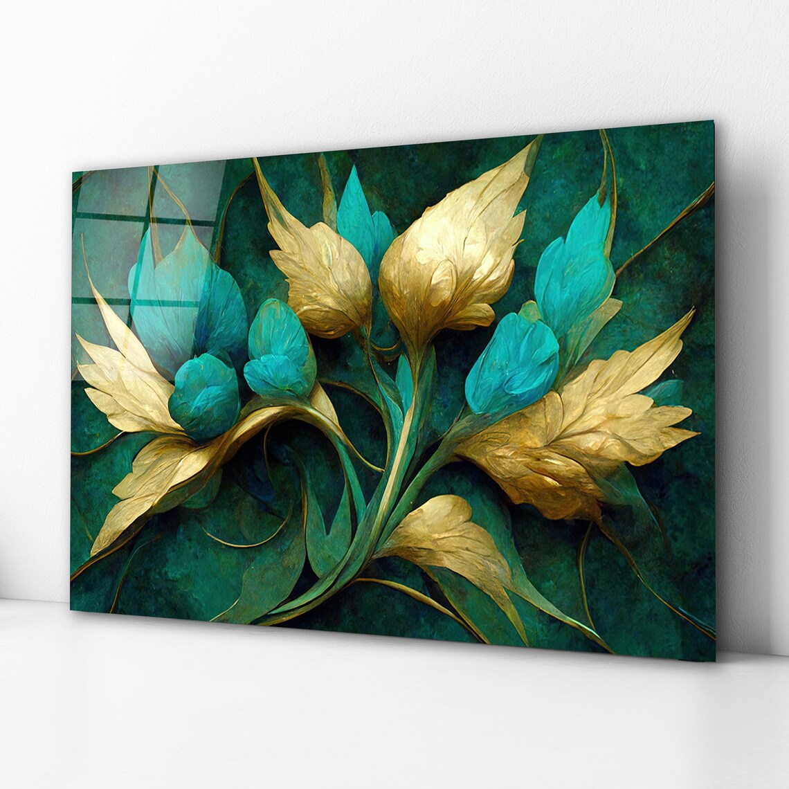 Turquoise Flowers Glass Wall Art