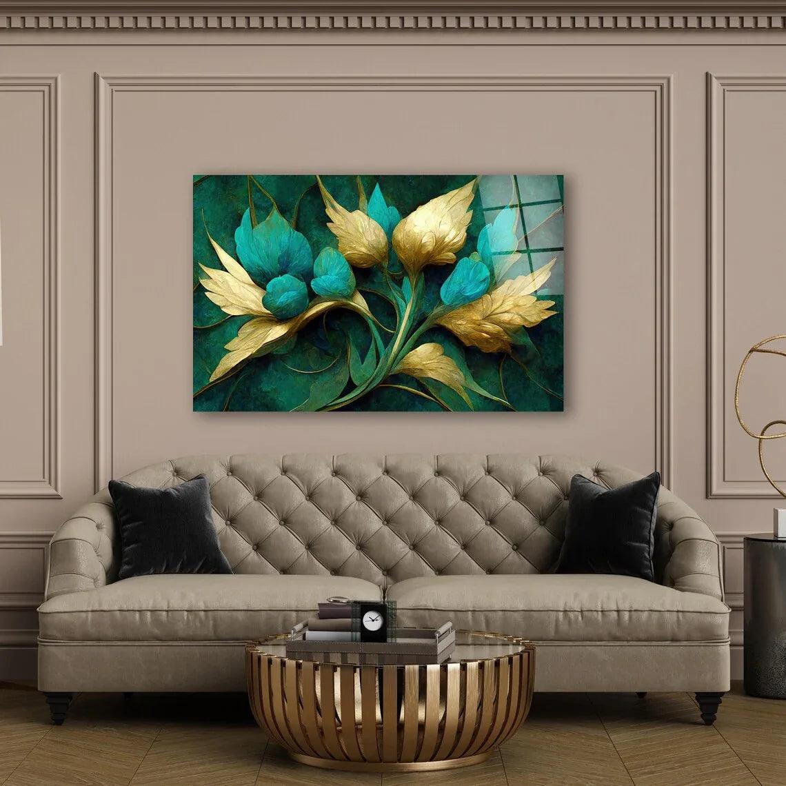 Turquoise Flowers Glass Wall Art - LUXARTDECO