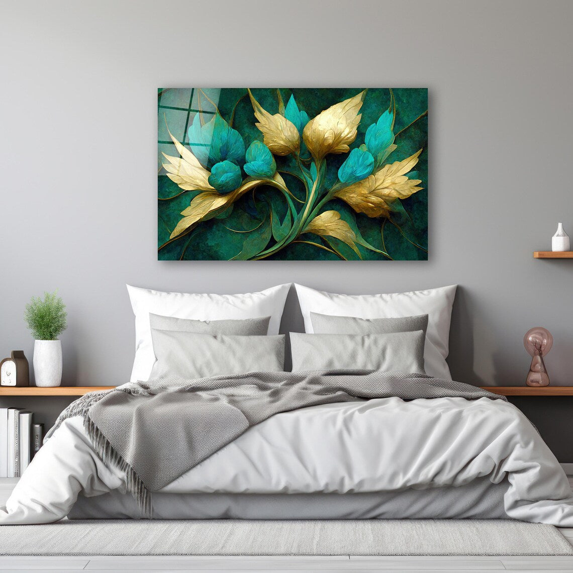 Turquoise Flowers Glass Wall Art