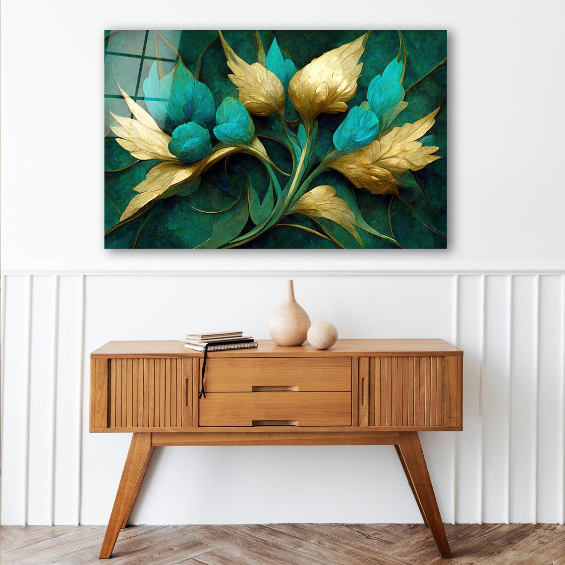 Turquoise Flowers Glass Wall Art