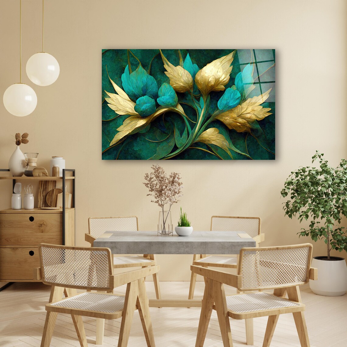 Turquoise Flowers Glass Wall Art