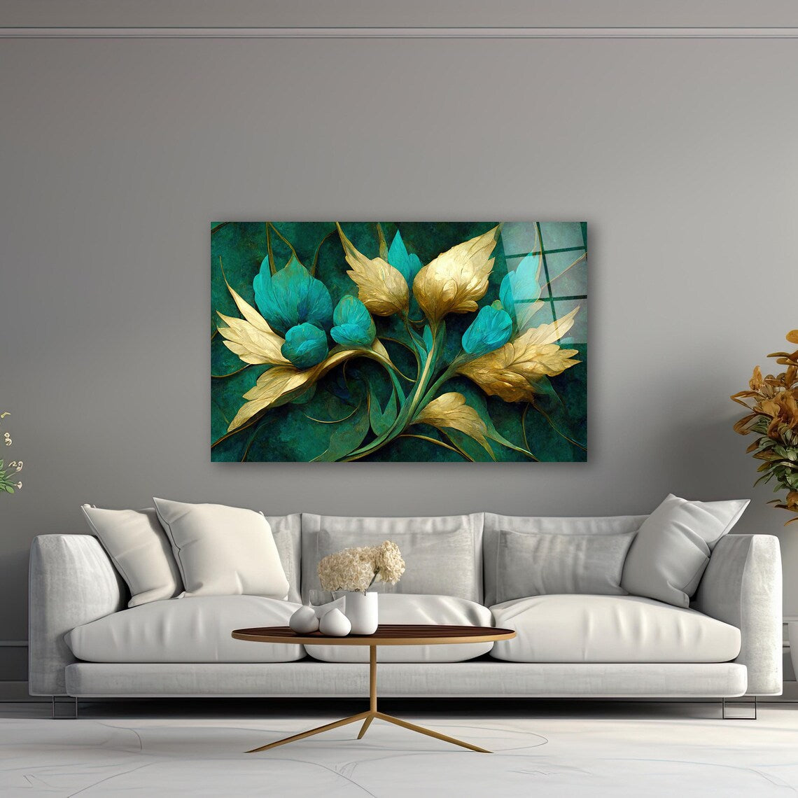 Turquoise Flowers Glass Wall Art