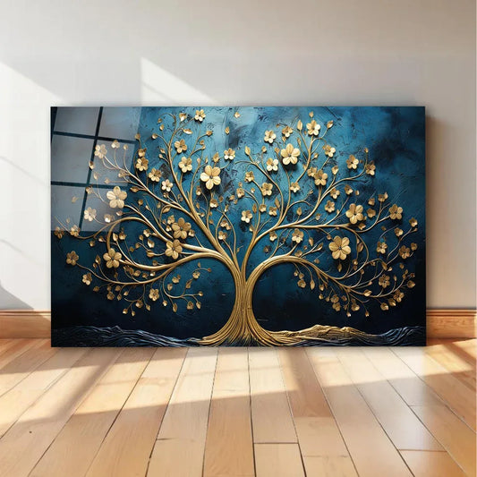 Gold Tree and Moon Glass Wall Art - LUXARTDECO