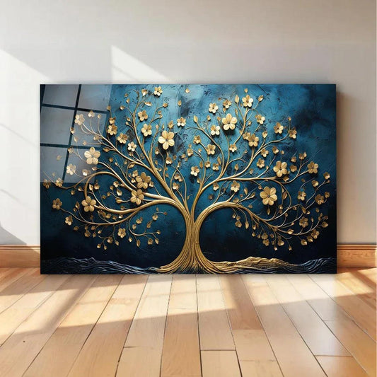 Gold Tree and Moon Glass Wall Art - LUXARTDECO