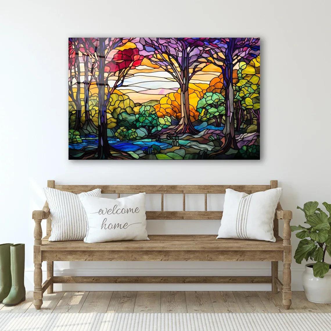 Violet & Orange Tree Glass Wall Art - LUXARTDECO