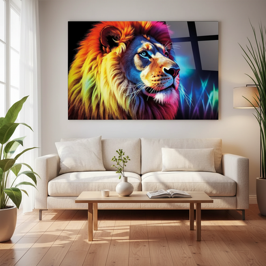 Coloré Lion Tableau en Verre Trempé
