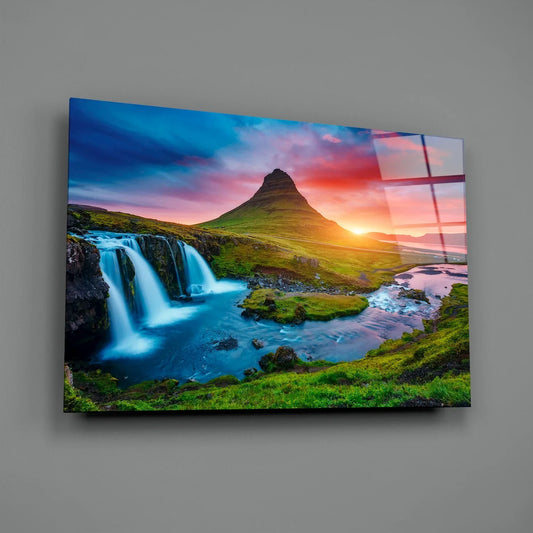 Kirkjufellsfoss Waterfall and View Glass Wall Art - LUXARTDECO
