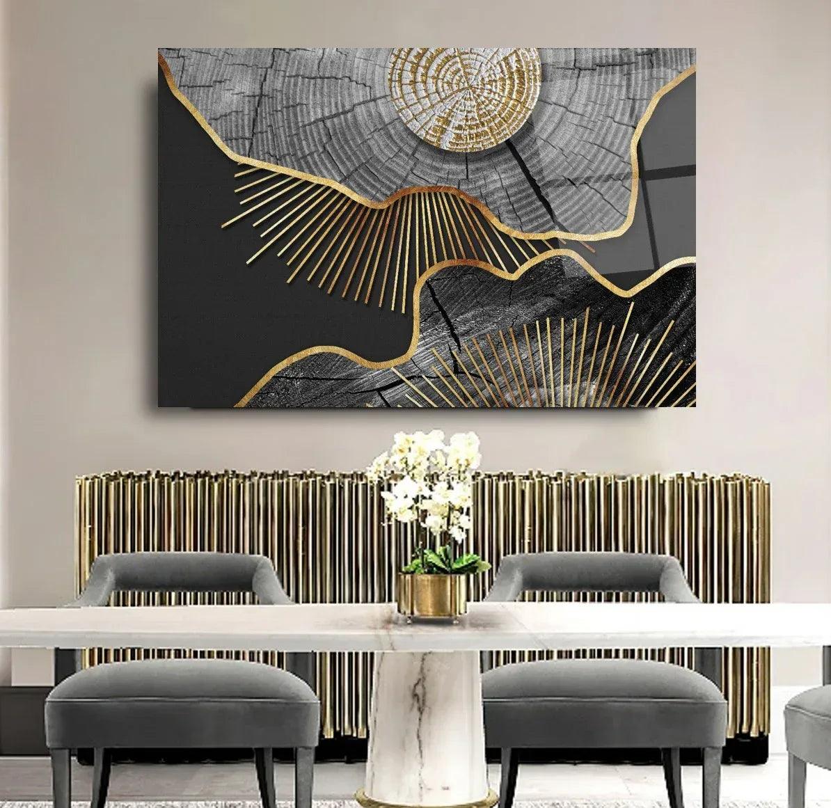 Grey & Gold Abstract Glass Wall Art - LUXARTDECO