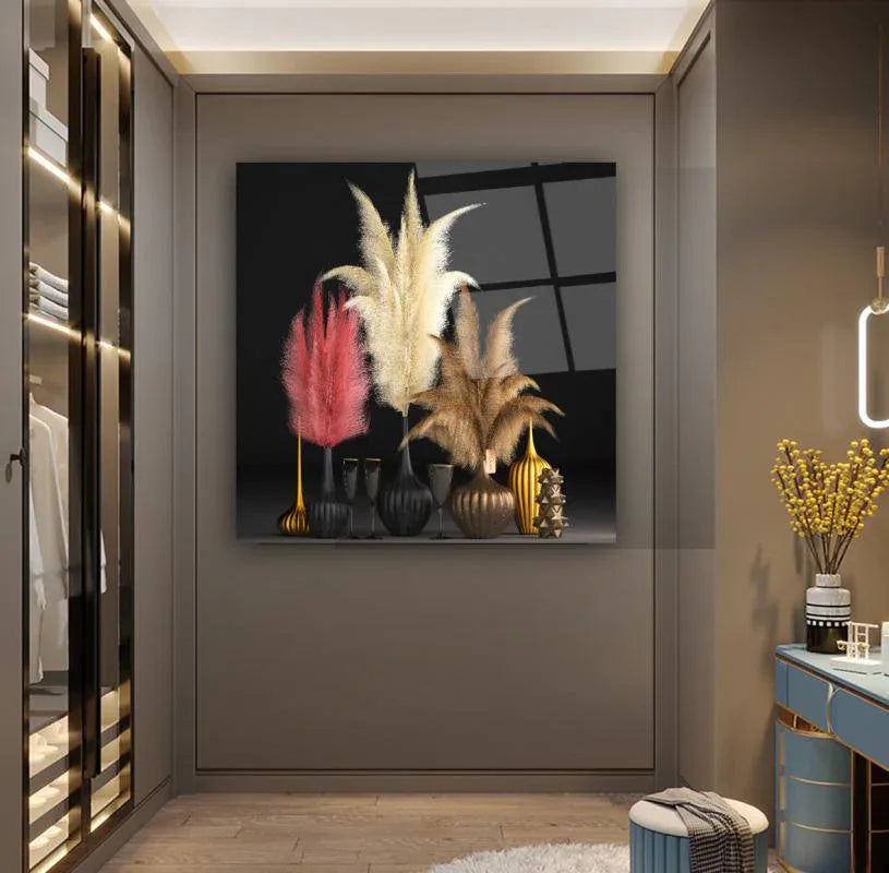 Pink and Gold Vases Glass Wall Art - LUXARTDECO