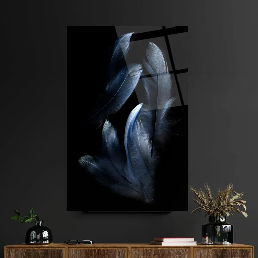Blue Feather Glass Wall Art - LUXARTDECO