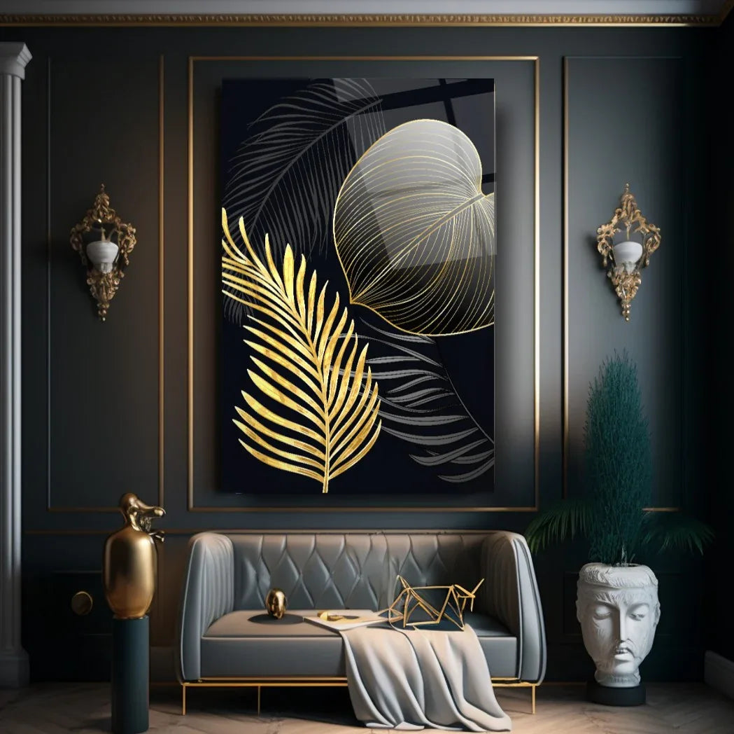 Golden Leaves Glass Wall Art - LUXARTDECO