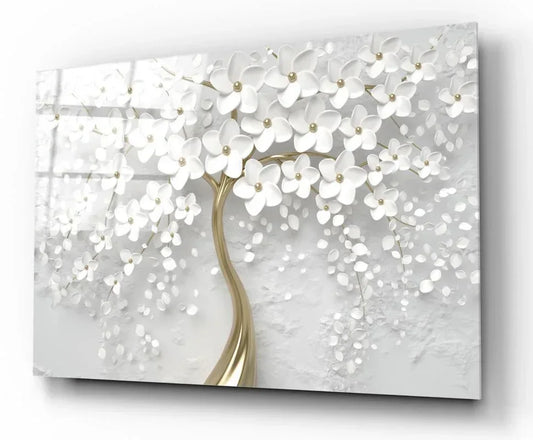White Flower Tree Glass Wall Art - LUXARTDECO