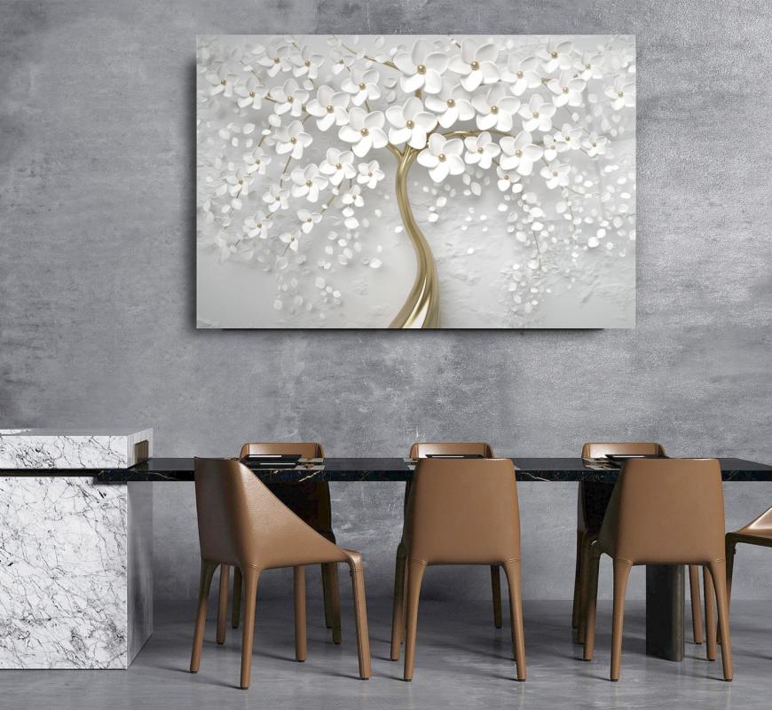 White Flower Tree Glas Wall Art