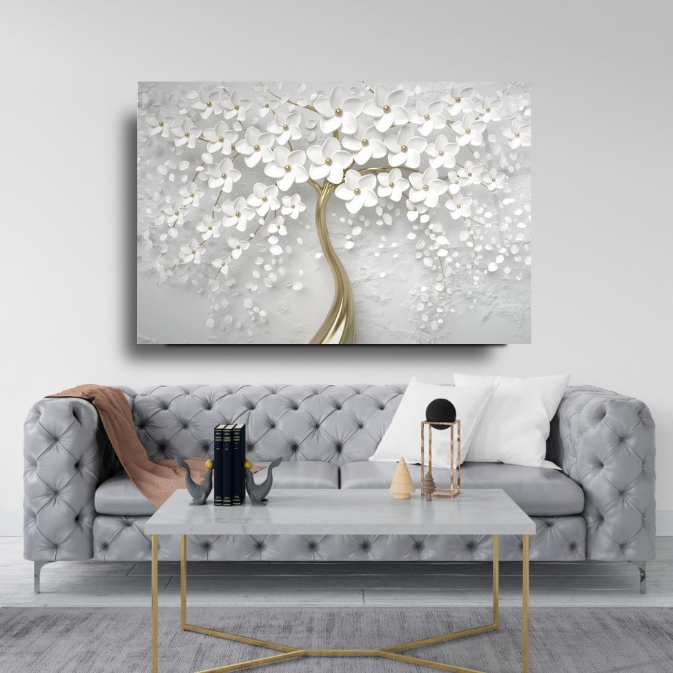 White Flower Tree Glas Wall Art