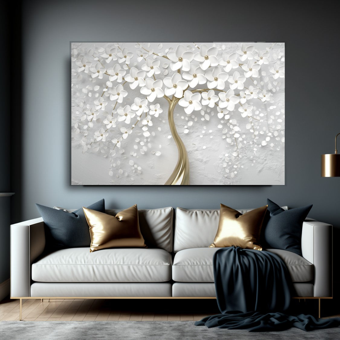 White Flower Tree Glas Wall Art