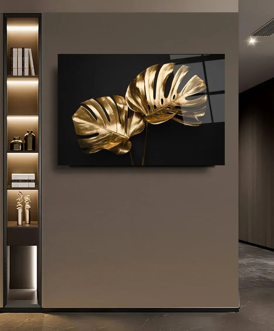 Gold Leaves Glass Wall Art - LUXARTDECO