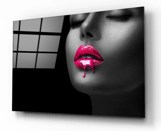 Fuchsia Lips Glass Wall Art - LUXARTDECO