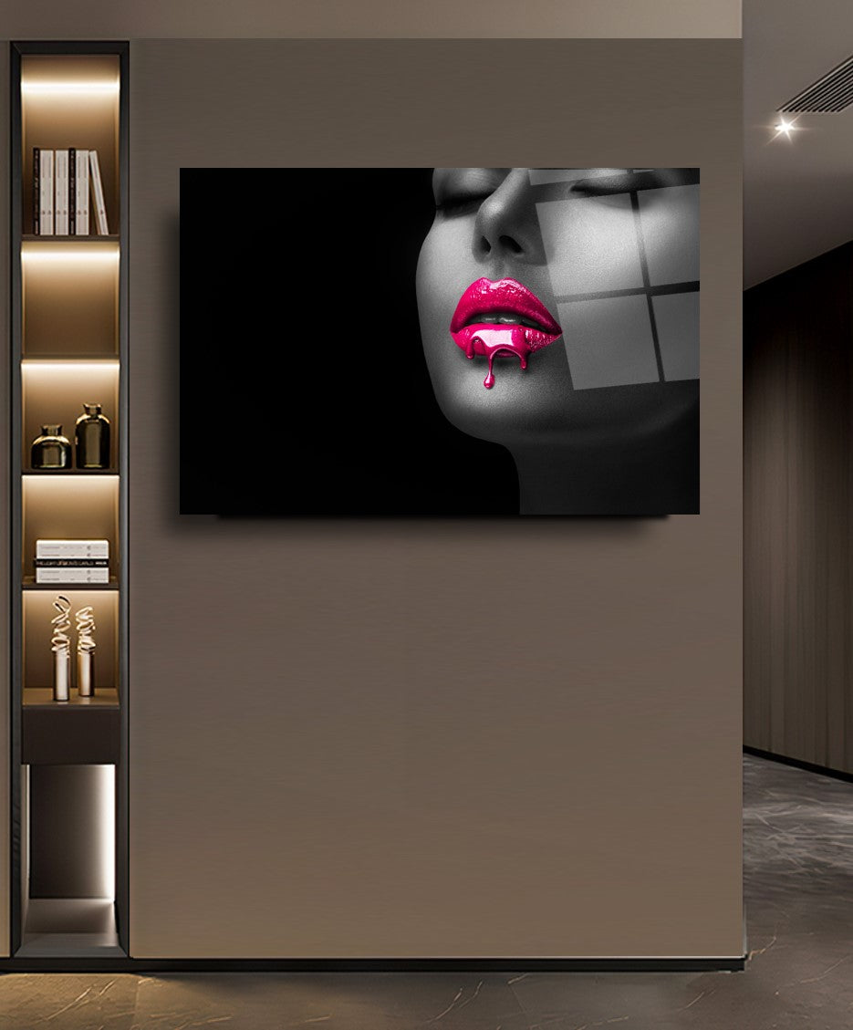 Fuchsia Lips Glass Wall Art - LUXARTDECO